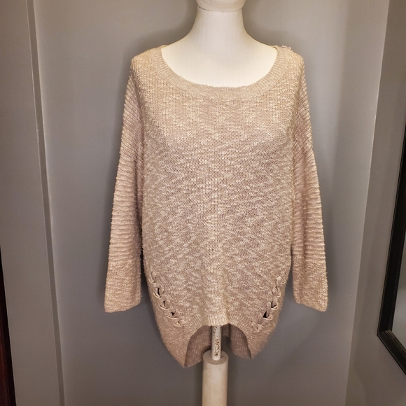 EXPRESS Round Cream High Low Lace Up Knit Sweater - Picture 2 of 9